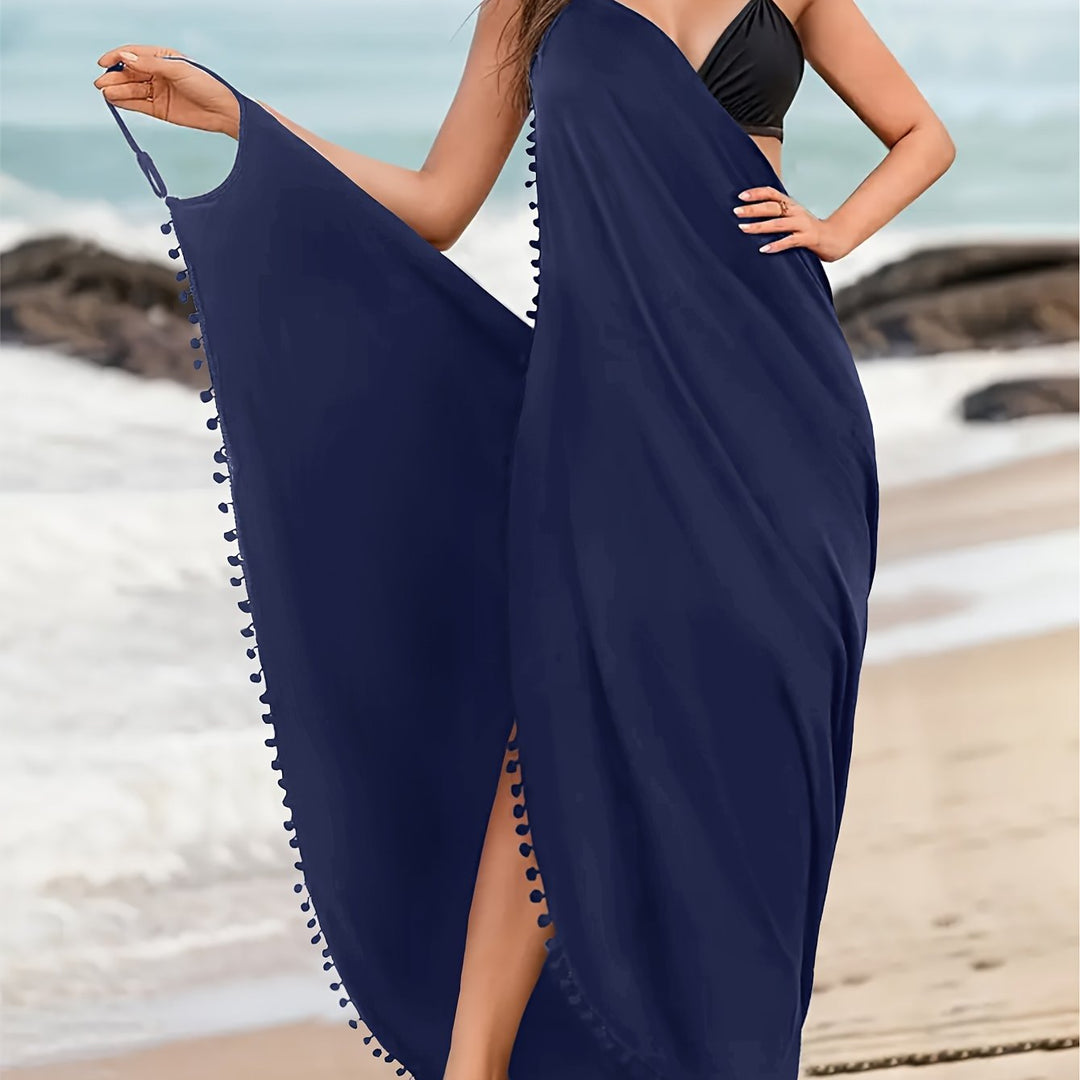 Levoire | Robe De Plage Maxi Unicolore Avec Des Décorations Pom Pom Et Décolleté En V