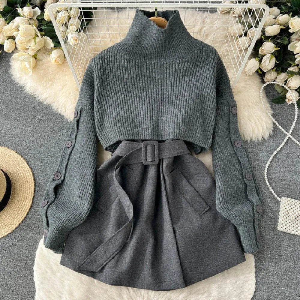 Levoire | Robe femme 2 pièces : pull court et jupe avec une élégante ceinture