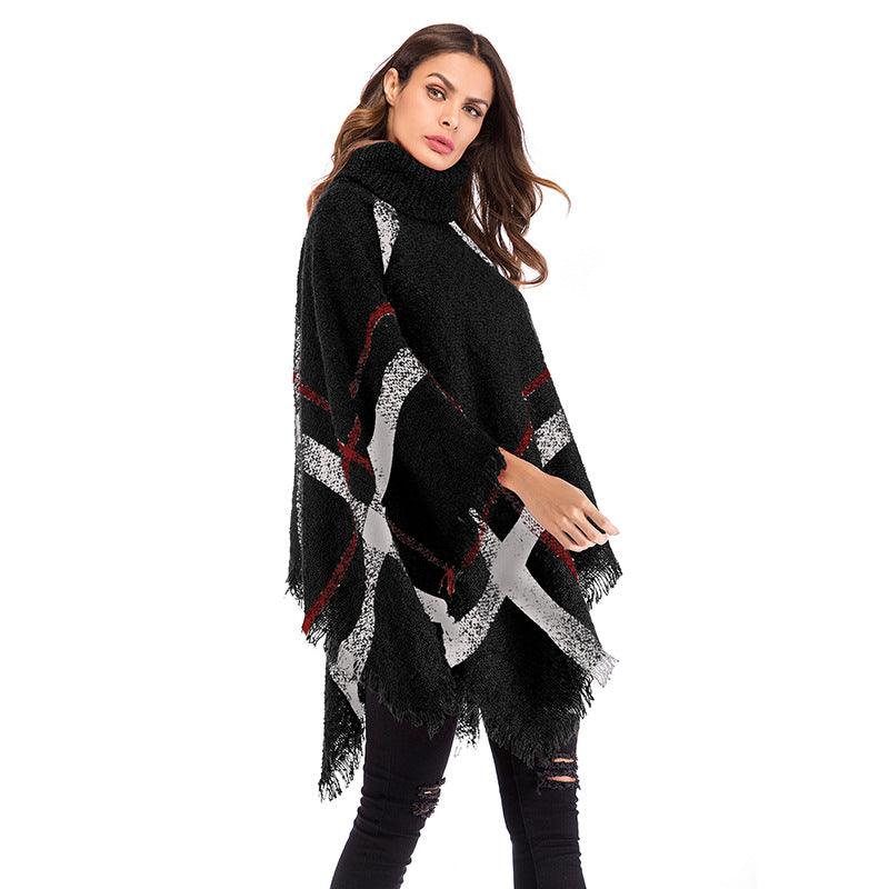 Poncho oversize pour femmes avec col roulé et motif à carreaux décontracté Levoire