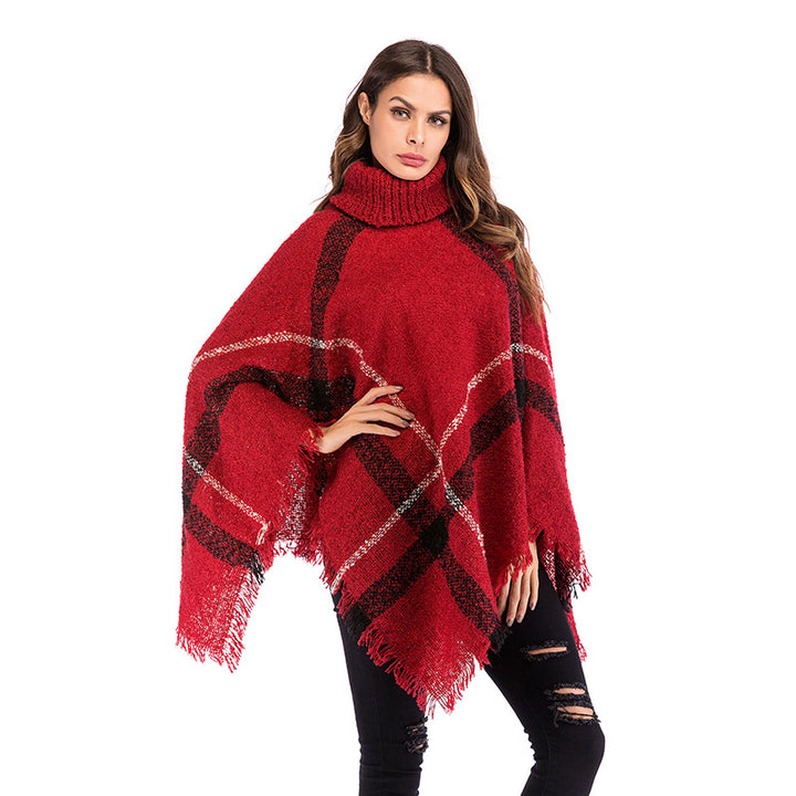 Poncho oversize pour femmes avec col roulé et motif à carreaux décontracté Levoire