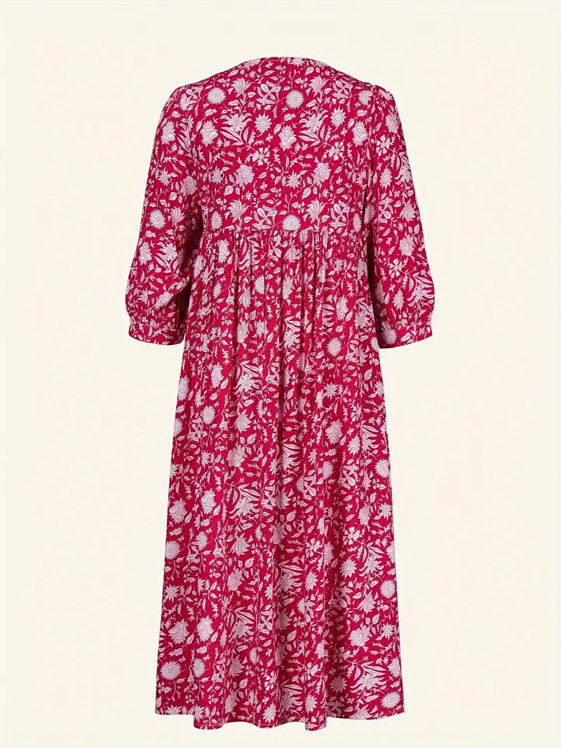 Levoire | Robe Maxi Boho Décontractée Avec Noeuds Décolleté En V Et Manches Courtes Rouge + Blanc