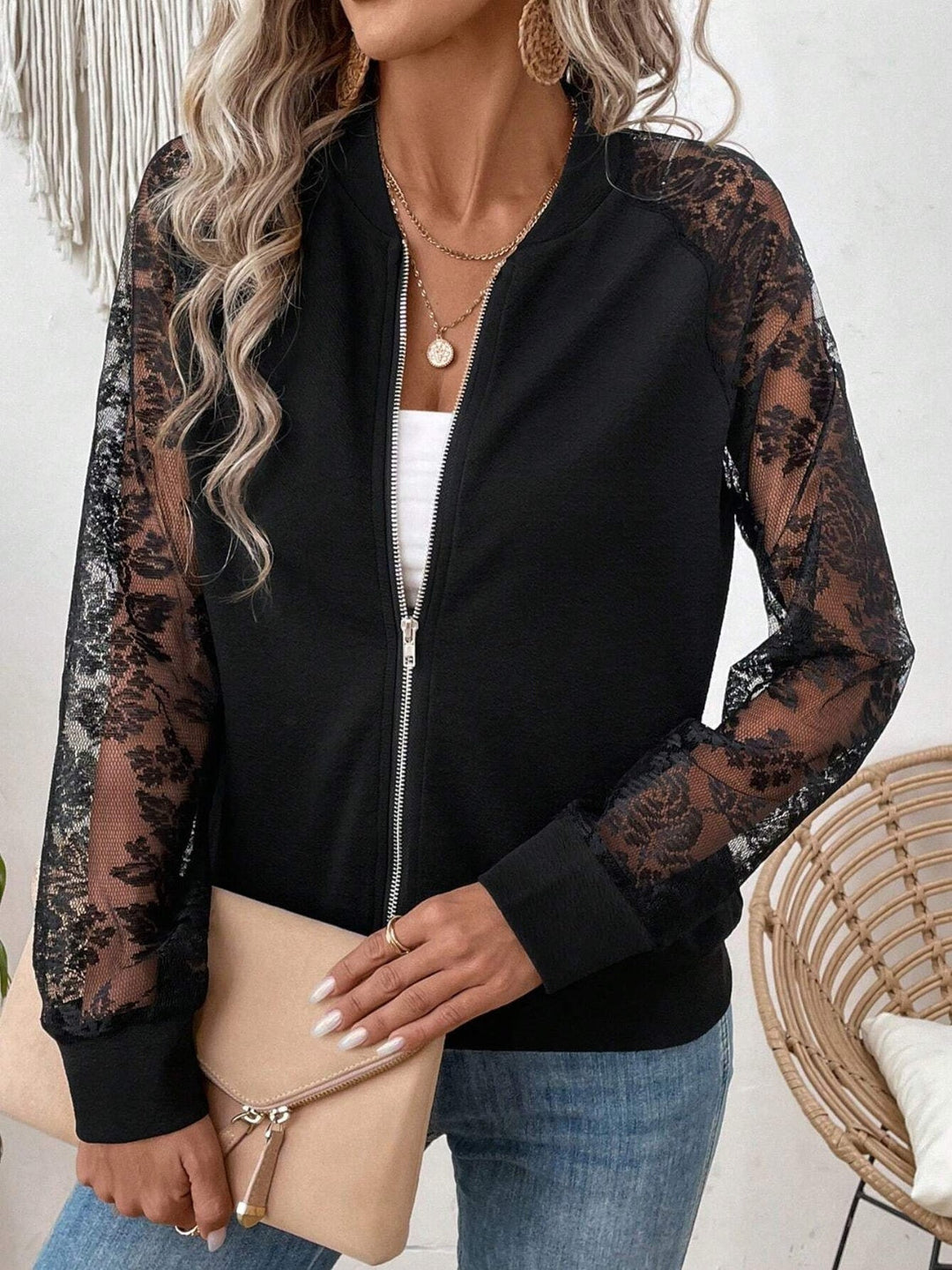Levoire | Veste Zippée Col Baseball En Dentelle