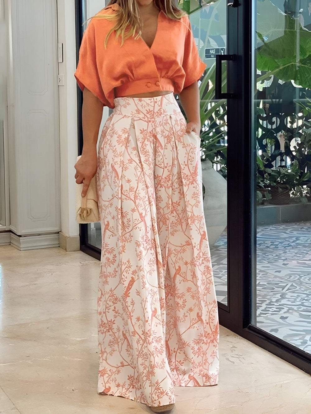 Levoire | Chemise V Neck Rennon, Avec Jupe Imprimée Ensemble Deux Pièces Orange