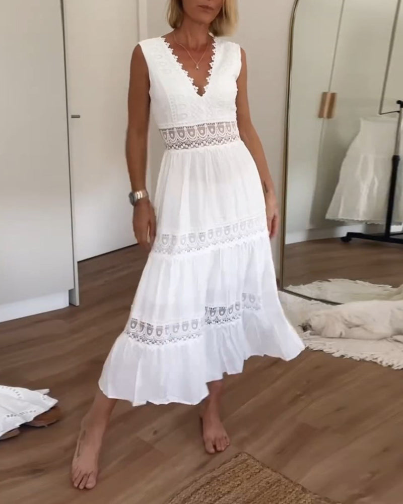 Levoire | Robe Midi Sans Manches En Dentelle Pour Femmes Blanc