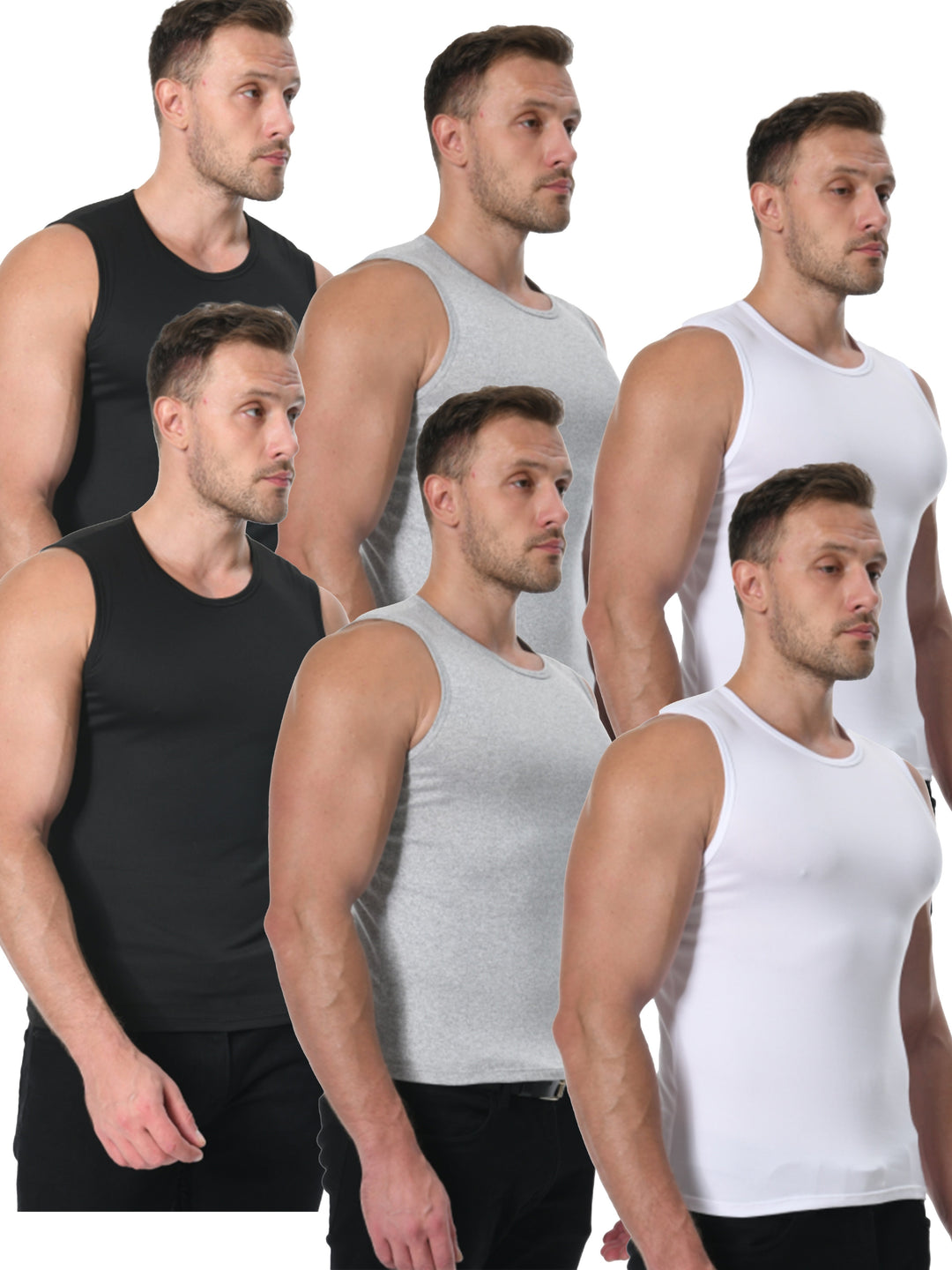 Levoire | 6 Pcs Gilet Basique Uni Pour Hommes 2 Noir + 2 Blanc + 2 Gris