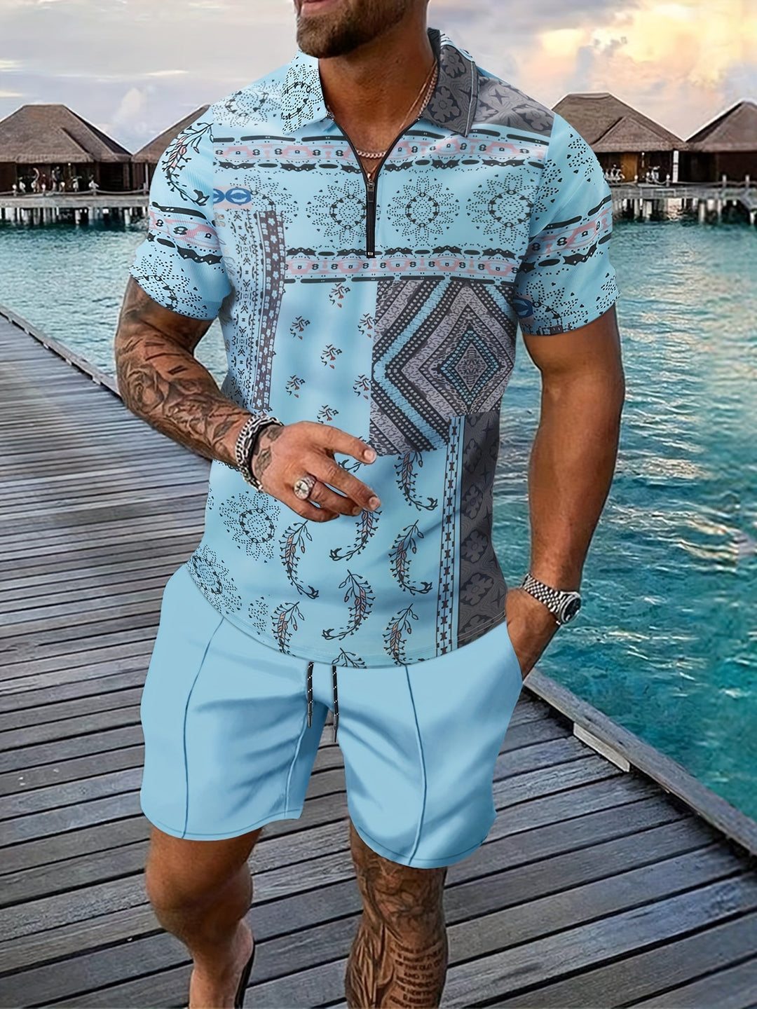 Levoire | Ensemble Paisley À Deux Pièces Pour Hommes D'Été Bleu clair