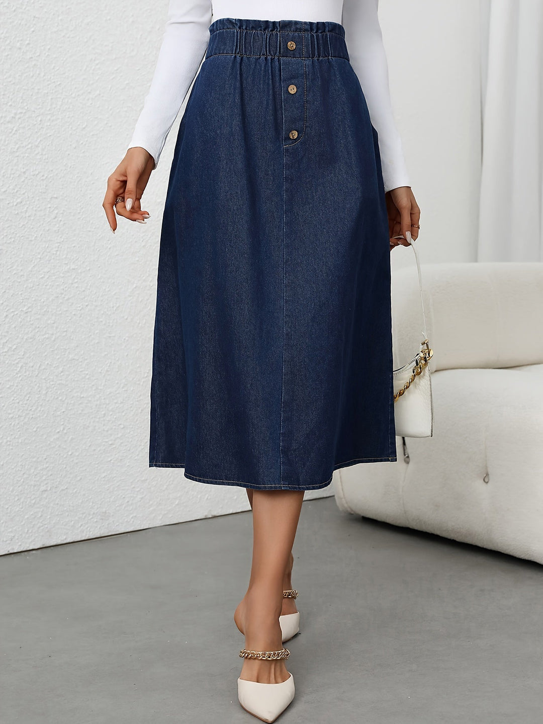 Levoire | Jupe Midi En Denim À Taille Haute Avec Fermeture À Boutons