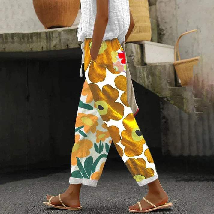 Levoire | Pantalon Vert Avec Impression Florale Fraîche Jaune