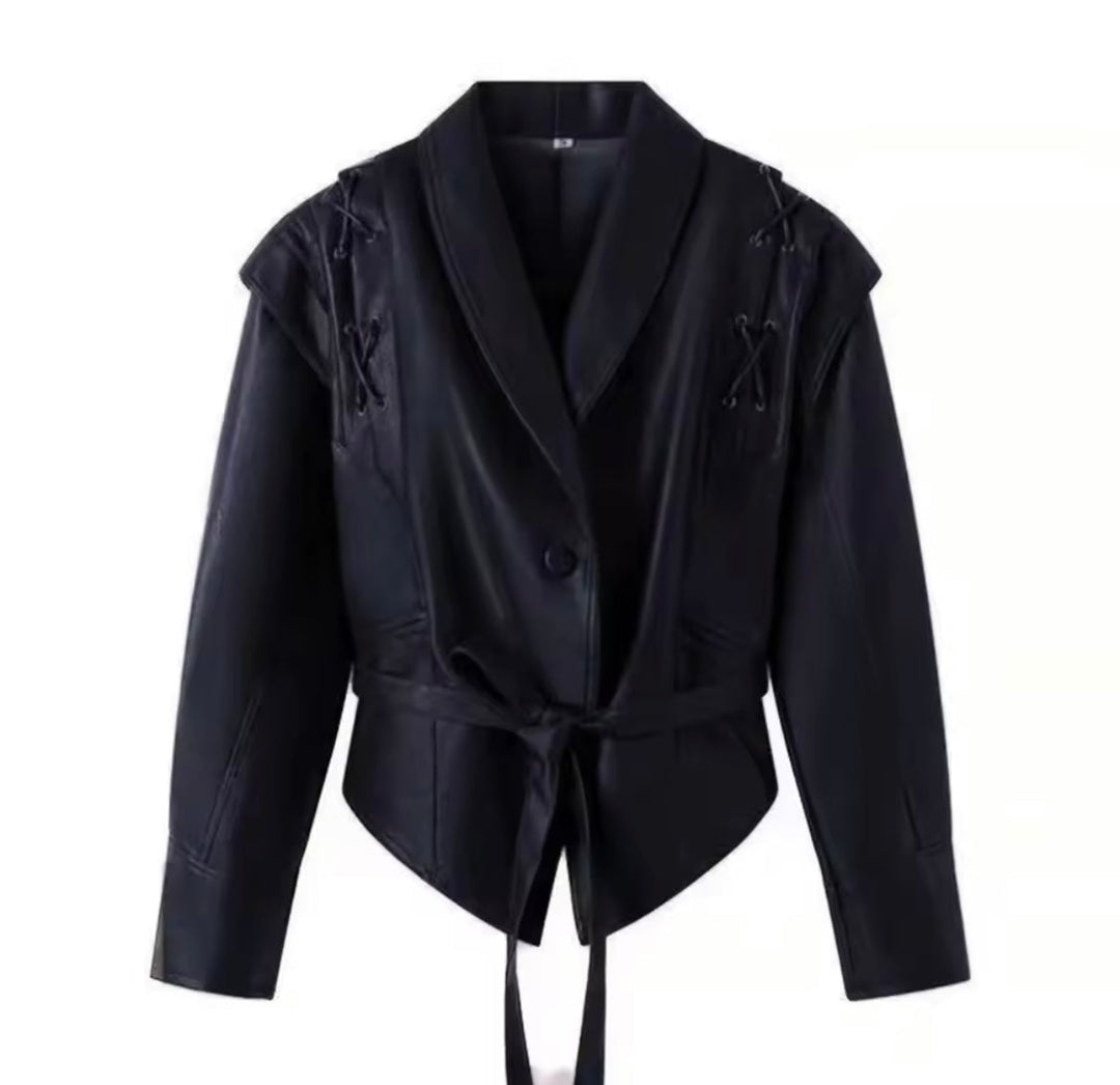 Levoire | Blouson En Cuir Marron Foncé Avec Détails À Lacets Et Ceinture À Nouer Noir