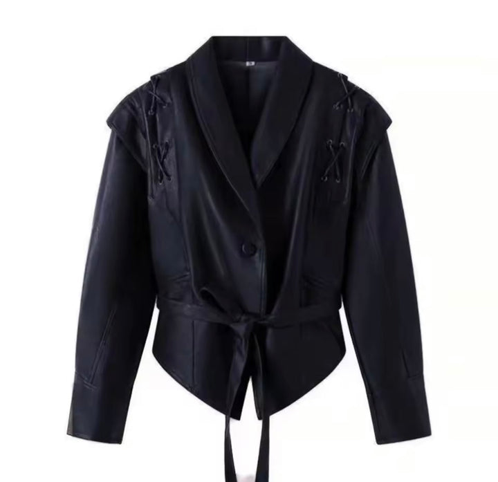 Levoire | Blouson En Cuir Marron Foncé Avec Détails À Lacets Et Ceinture À Nouer Noir