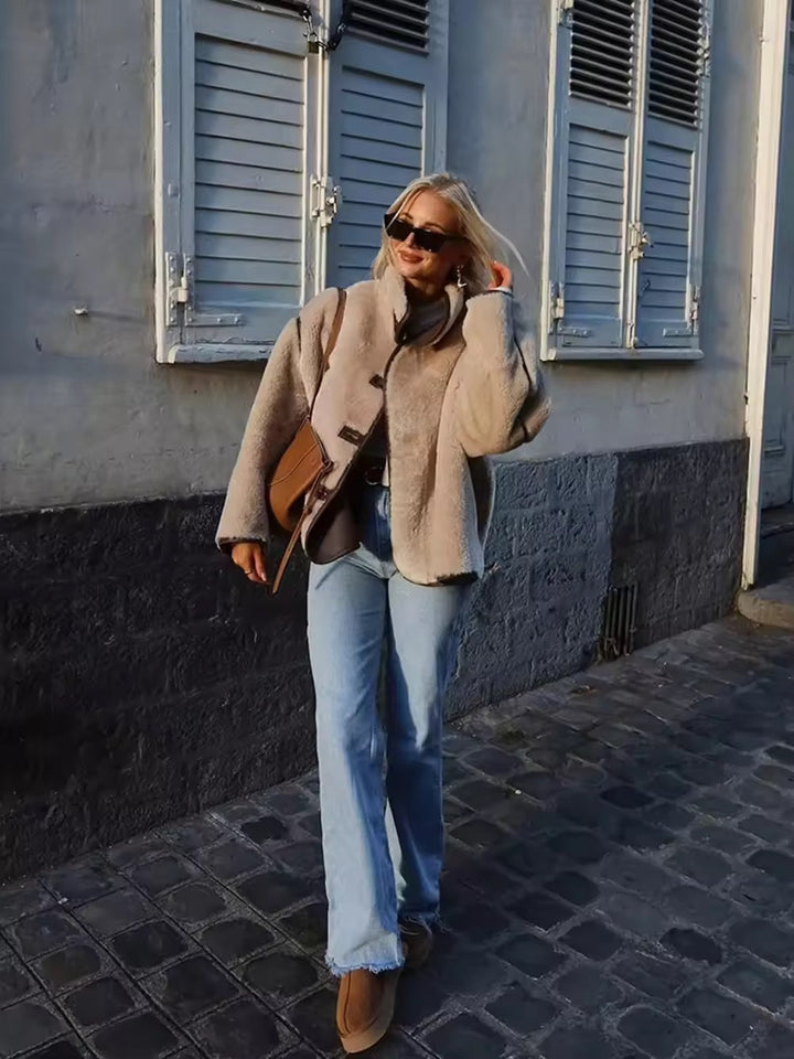 Levoire | Veste Teddy Élégante Avec Détails Contrastés Beige/Marron