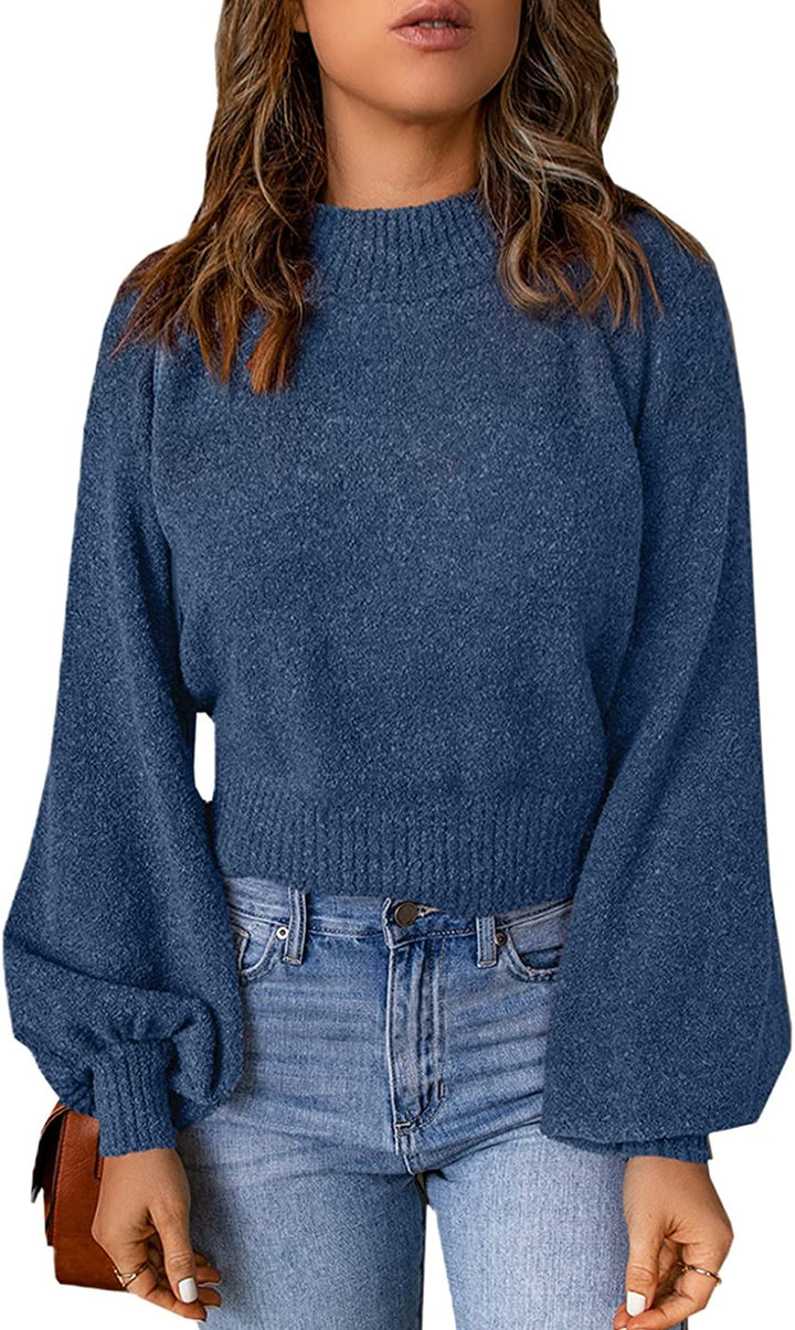 Levoire | Pull Décontracté Ajusté Avec Encolure Ronde, Manches En Lanternes Et Épaules Basses Bleu