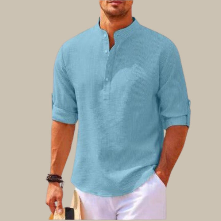 Levoire | Chemise Élégante En Lin Avec Col Mao bleu
