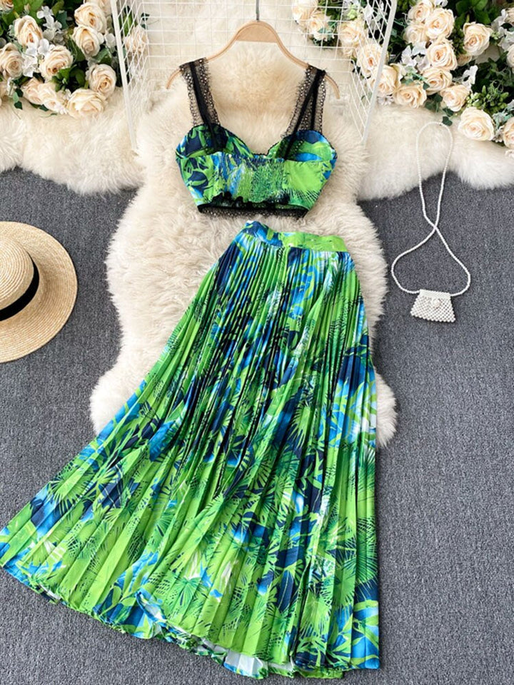 Levoire | Haut Doux & Jupe Plissée Taille Haute Vert Une taille