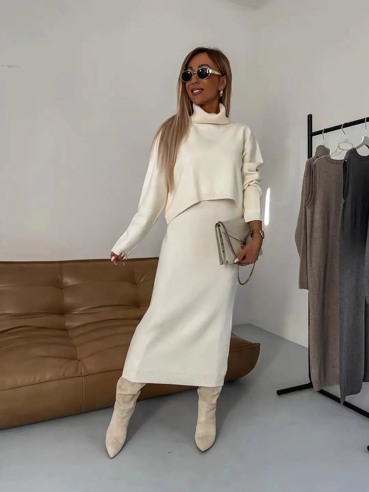 Levoire | 2 pièces de pull en laine mode d'hiver polo et robe maxi sans manches Blanc