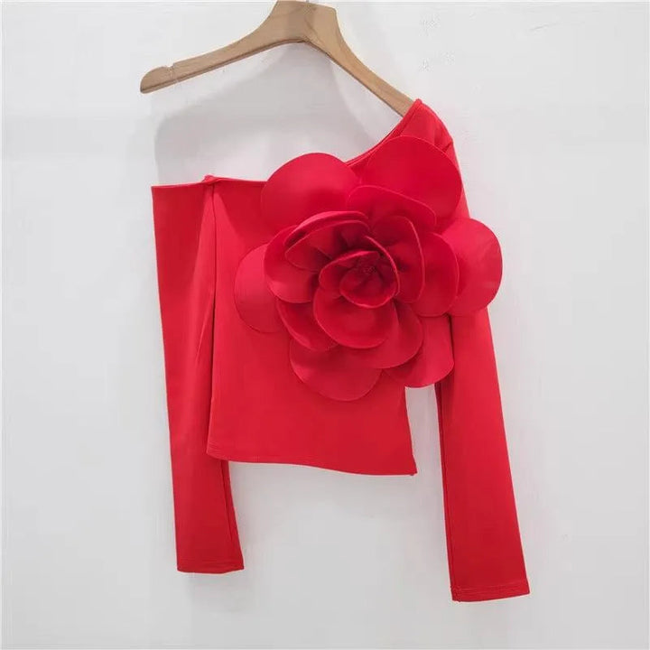 Levoire | T-shirt à manches longues 3D avec fleur Rot Taille libre