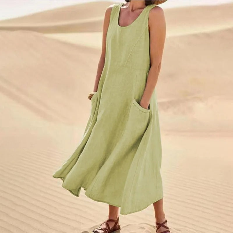Levoire | Robe En Lin Sans Manches Avec Poches Pour Femmes Vert