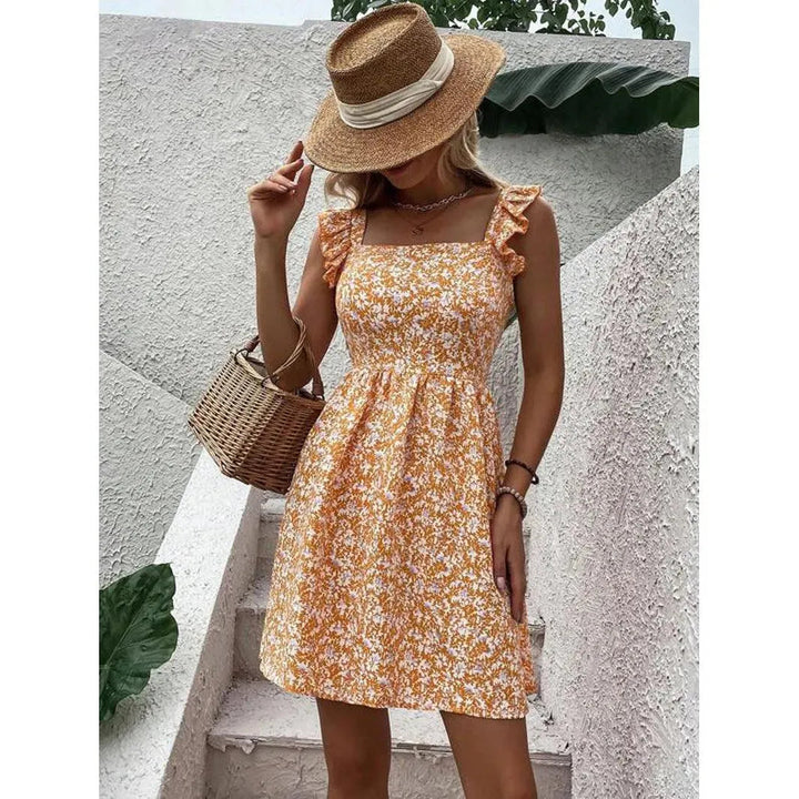 Levoire | Robe à volants sans bretelles en tissu d'été Jaune