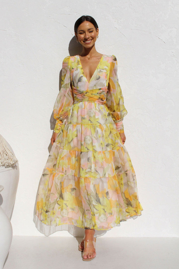 Levoire | Robe Portefeuille À Fleurs Pour Femmes Jaune