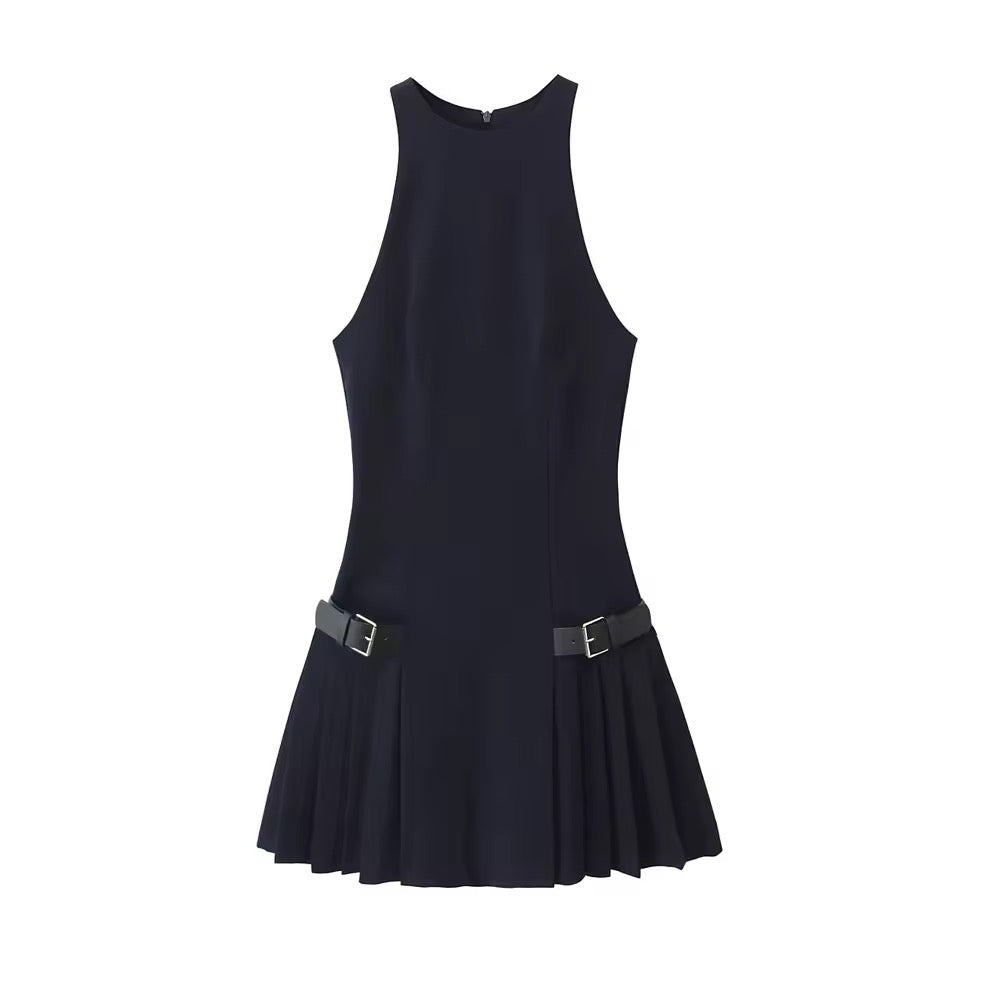 Levoire | Robe Noire Avec Jupe Plissée Et Ceintures À La Taille