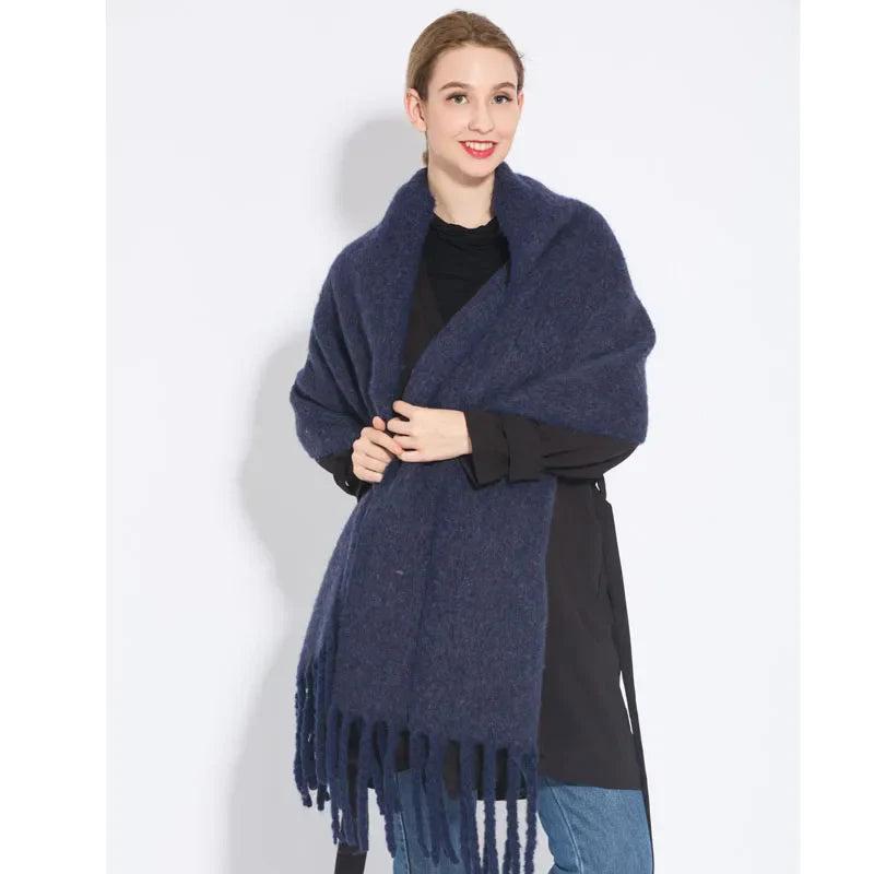 Levoire | Écharpe De Luxe En Cachemire Pour Femme Avec Franges Marineblau