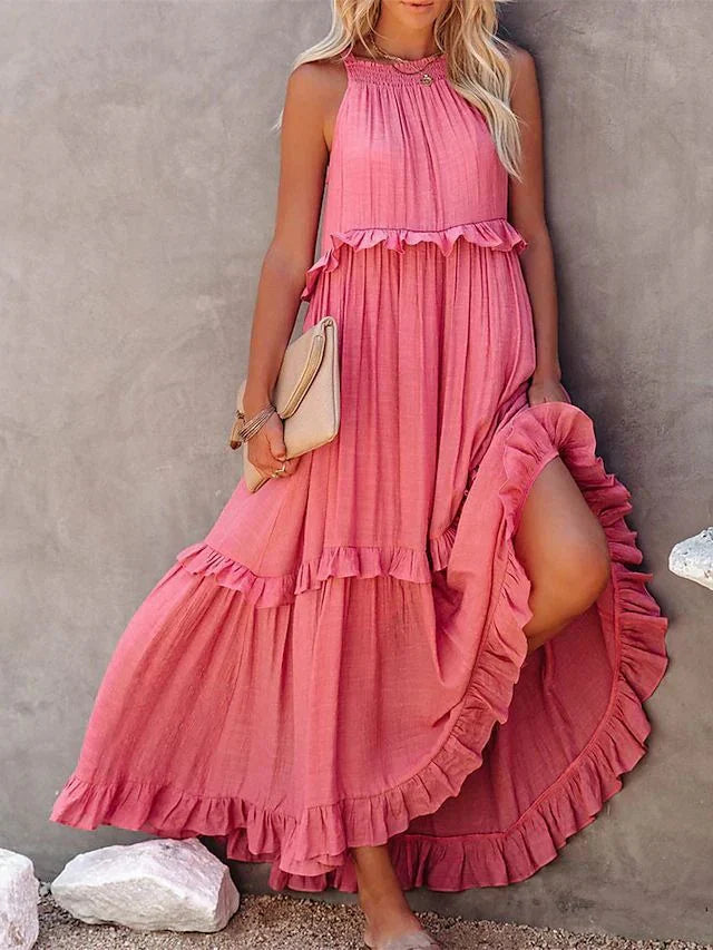 Levoire | Elegant Dress With Feminine Ruffles And Patterns Rosa