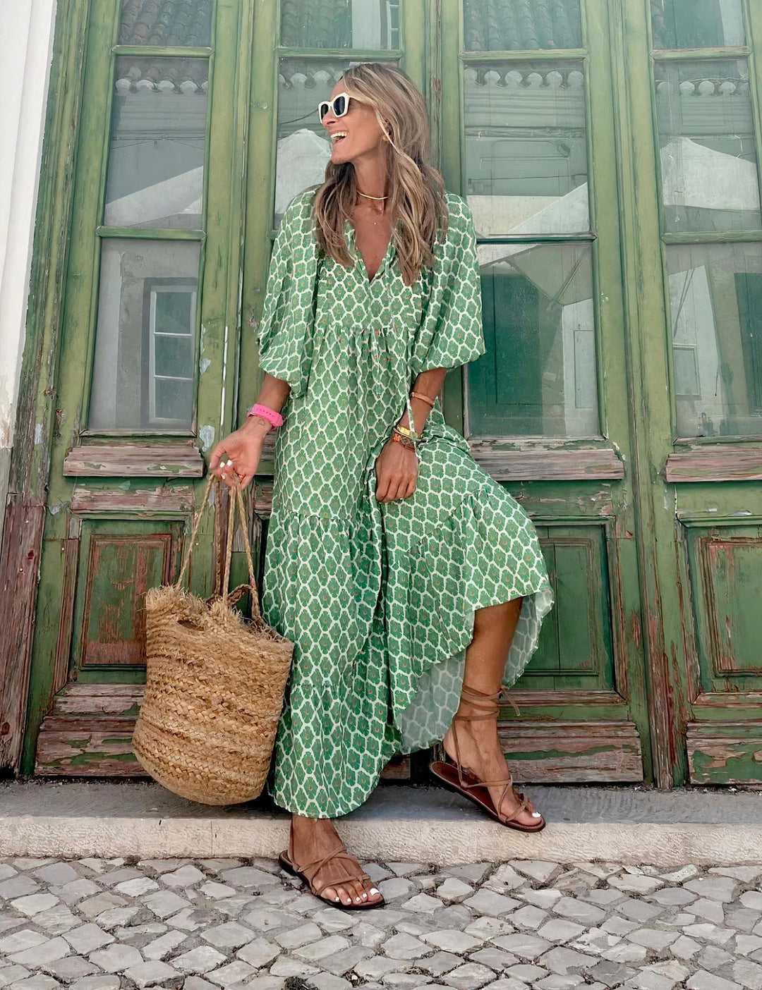 Levoire | Robe Bohémienne Longue Pour Femmes Vert et blanc