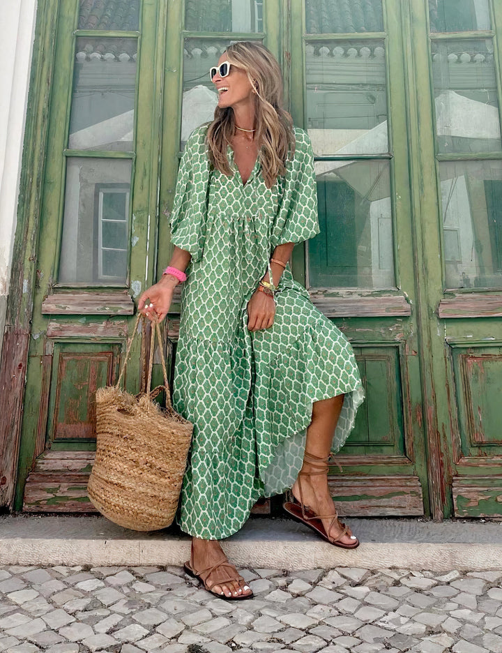 Levoire | Robe Bohémienne Longue Pour Femmes Vert et blanc