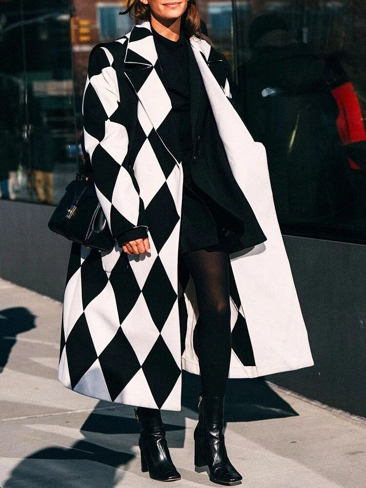 Levoire | Manteau en laine à manches longues avec col Design en damier