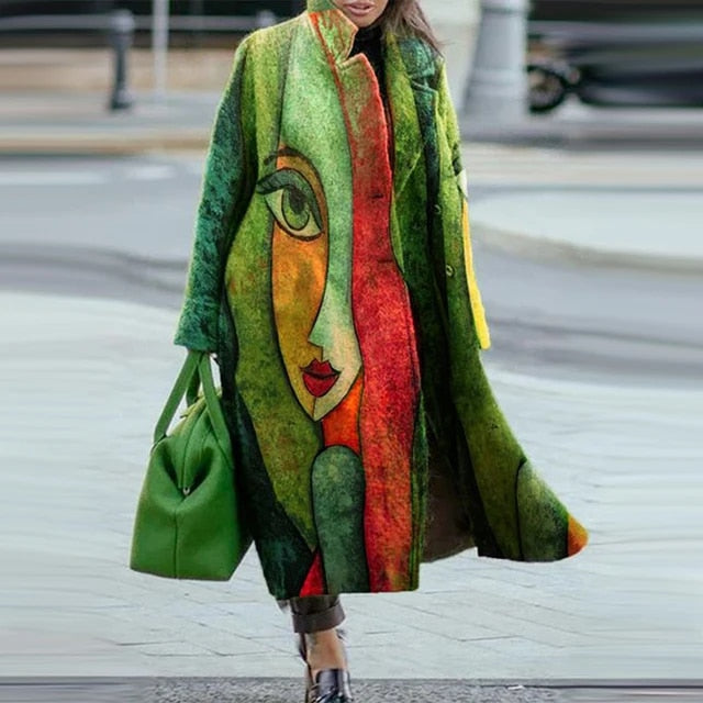 Levoire | Manteau en laine à manches longues avec col Design du visage féminin (vert)