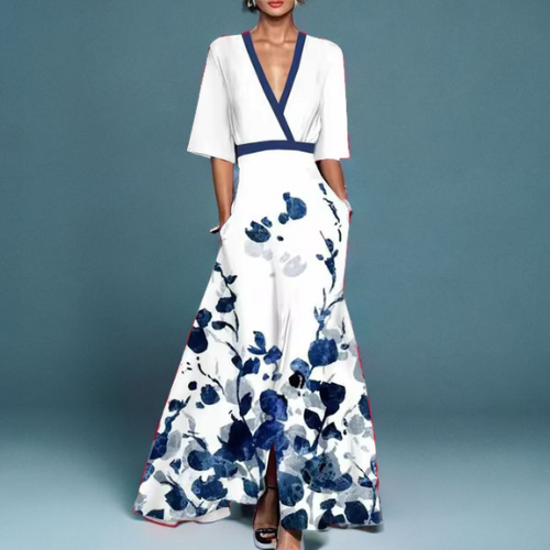 Levoire | Robe Élégante Avec Des Manches Blanc Bleu foncé