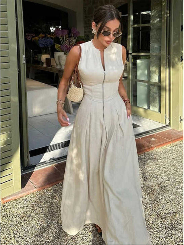 Levoire | Robe Maxi Sans Manches Élégante À Taille Haute Crème