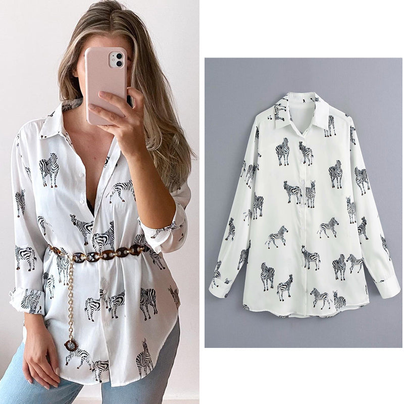 Levoire | Imprimé Animal Blouse Une Blouse Élégante En Satin Pour Femmes Blanc