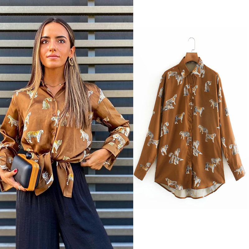 Levoire | Imprimé Animal Blouse Une Blouse Élégante En Satin Pour Femmes Marron (ÉPUISÉ)