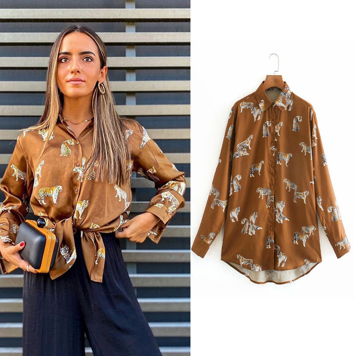 Levoire | Blouse En Satin Imprimée - Une Élégante Blouse En Satin Pour Femmes Braun (ÉPUISÉ)