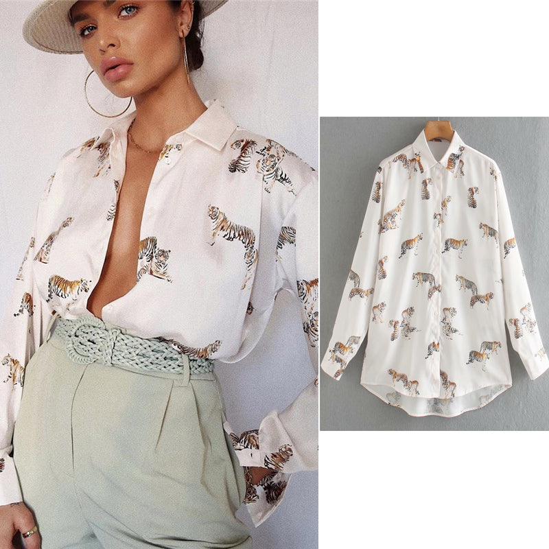 Levoire | Imprimé Animal Blouse Une Blouse Élégante En Satin Pour Femmes Beige (ÉPUISÉ)