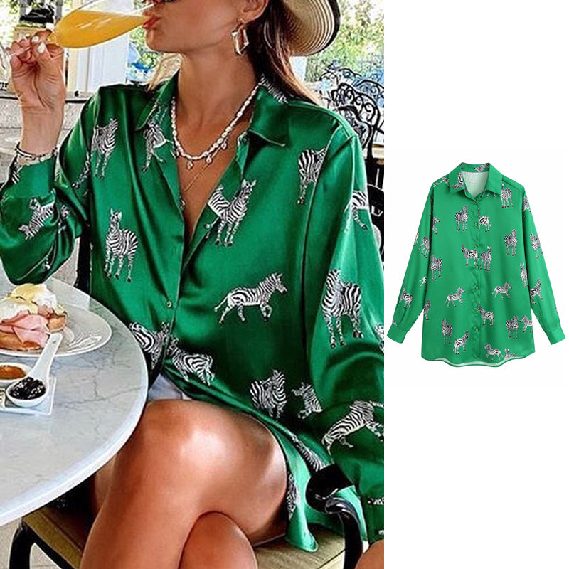 Levoire | Imprimé Animal Blouse Une Blouse Élégante En Satin Pour Femmes Vert