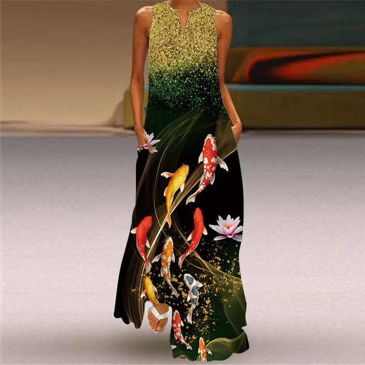 Levoire | Robe Maxi Élégante Sans Manches Avec Imprimé Vert