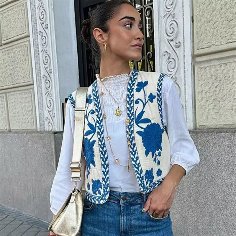 Levoire | Gilet À Fleurs Brodé Bleu