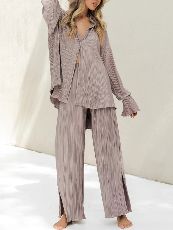Levoire | Elegant Plissé Femmes Ensemble À Manches Longues Khaki