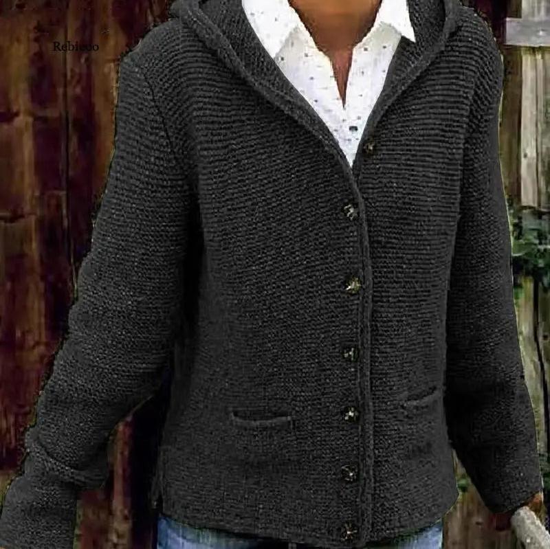 Levoire | Veste tricotée à capuche à manches longues avec bouton Noir