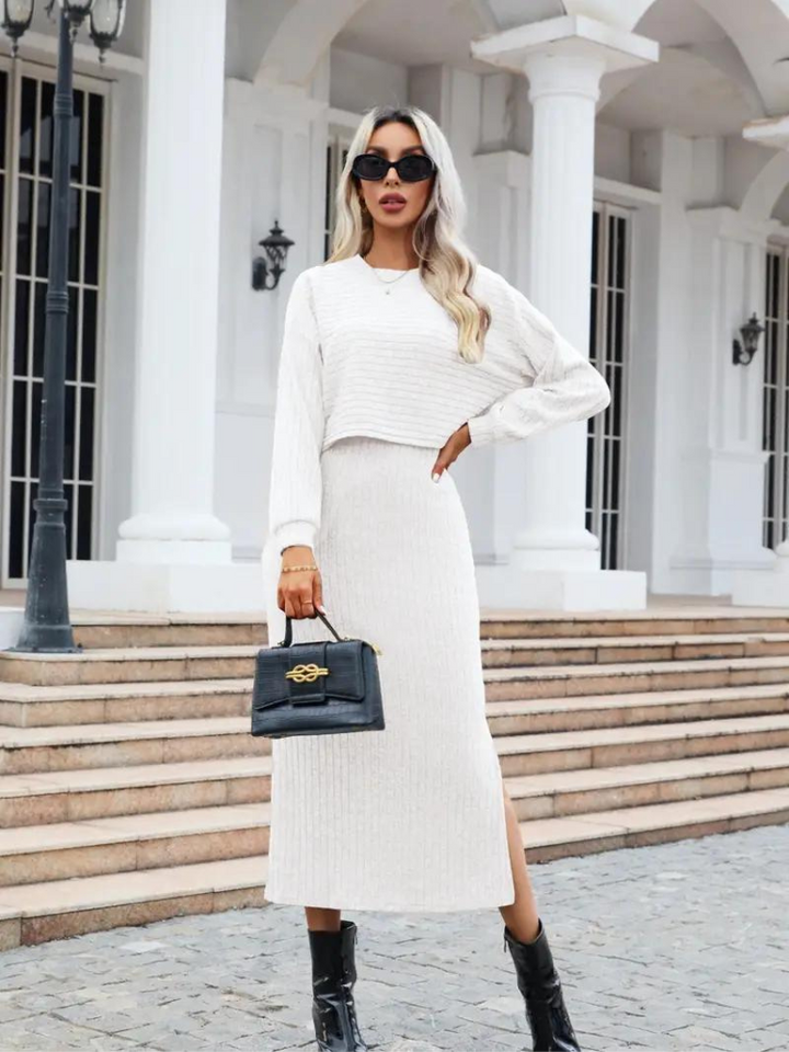 Levoire | Ensemble Parfait Robe Élégante & Pull Pour Femmes Blanc