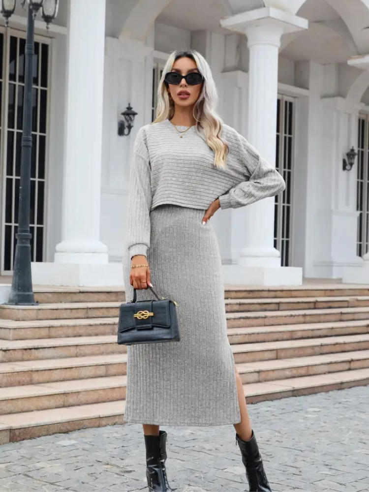 Levoire | Ensemble Parfait Robe Élégante & Pull Pour Femmes Gris
