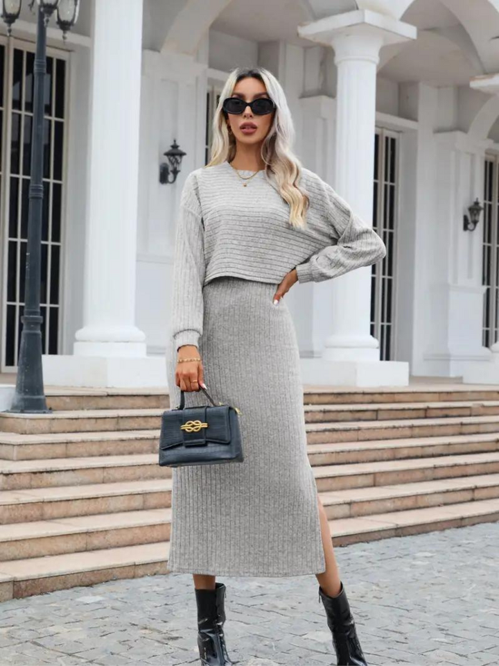 Levoire | Ensemble Parfait Robe Élégante & Pull Pour Femmes Gris