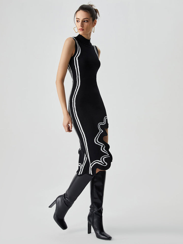Levoire | Robe Midi Tricot Avec Ourlet Contraste Asymétrique Noir