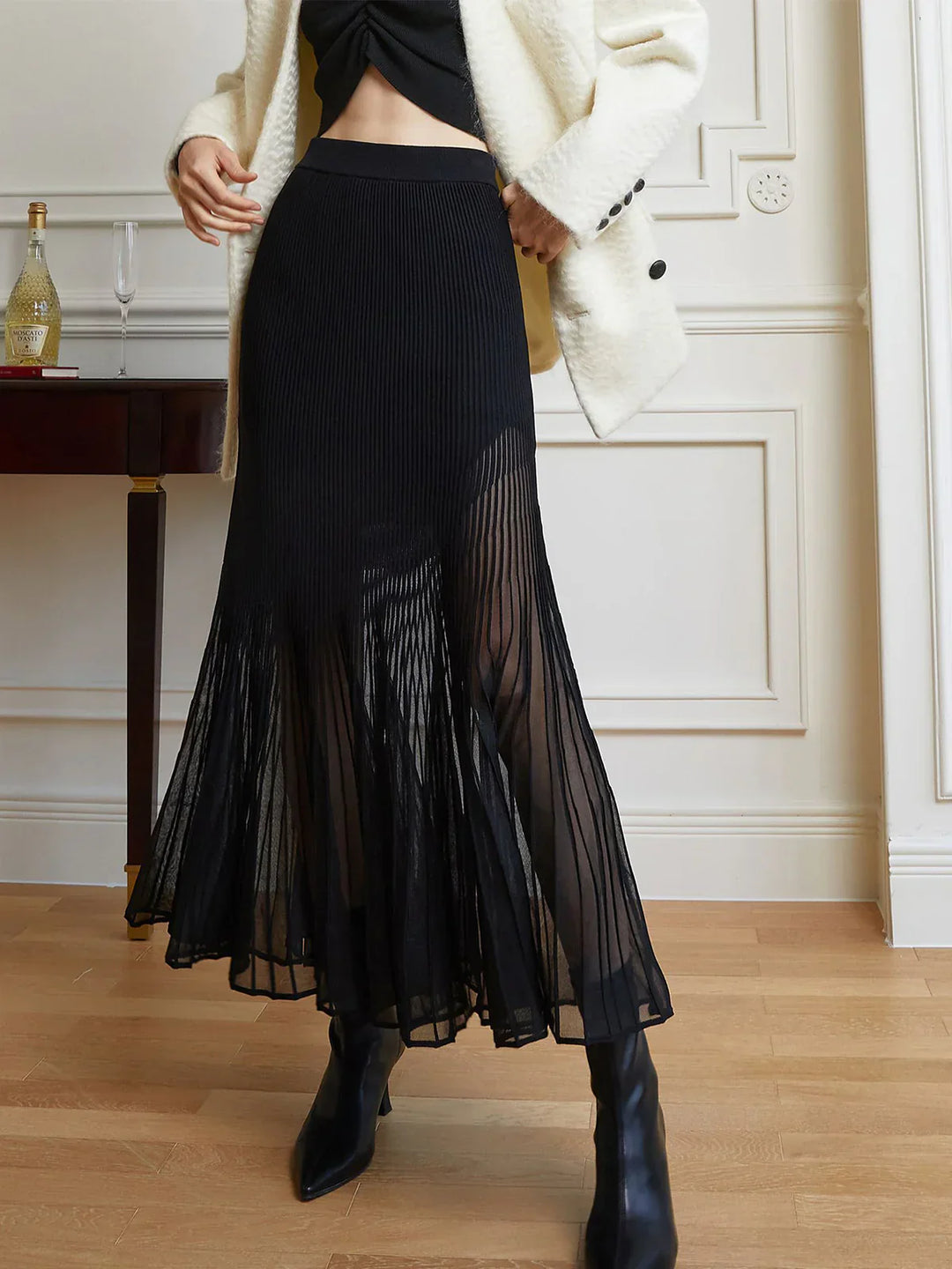 Levoire | Jupe Maxi Plissée Semi-Transparente Noir