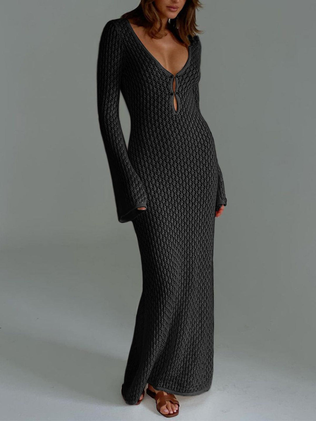 Levoire | Robe Au Crochet Longue Avec Manches En Cloche Pour Femmes Noir