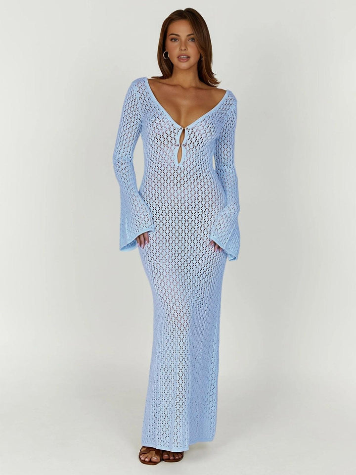 Levoire | Robe Au Crochet Longue Avec Manches En Cloche Pour Femmes Bleu clair