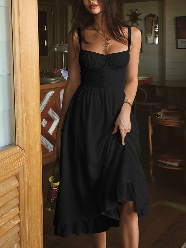 Levoire | Robe Midi Romantique Avec Volants Et Ourlet Pour Femmes Noir