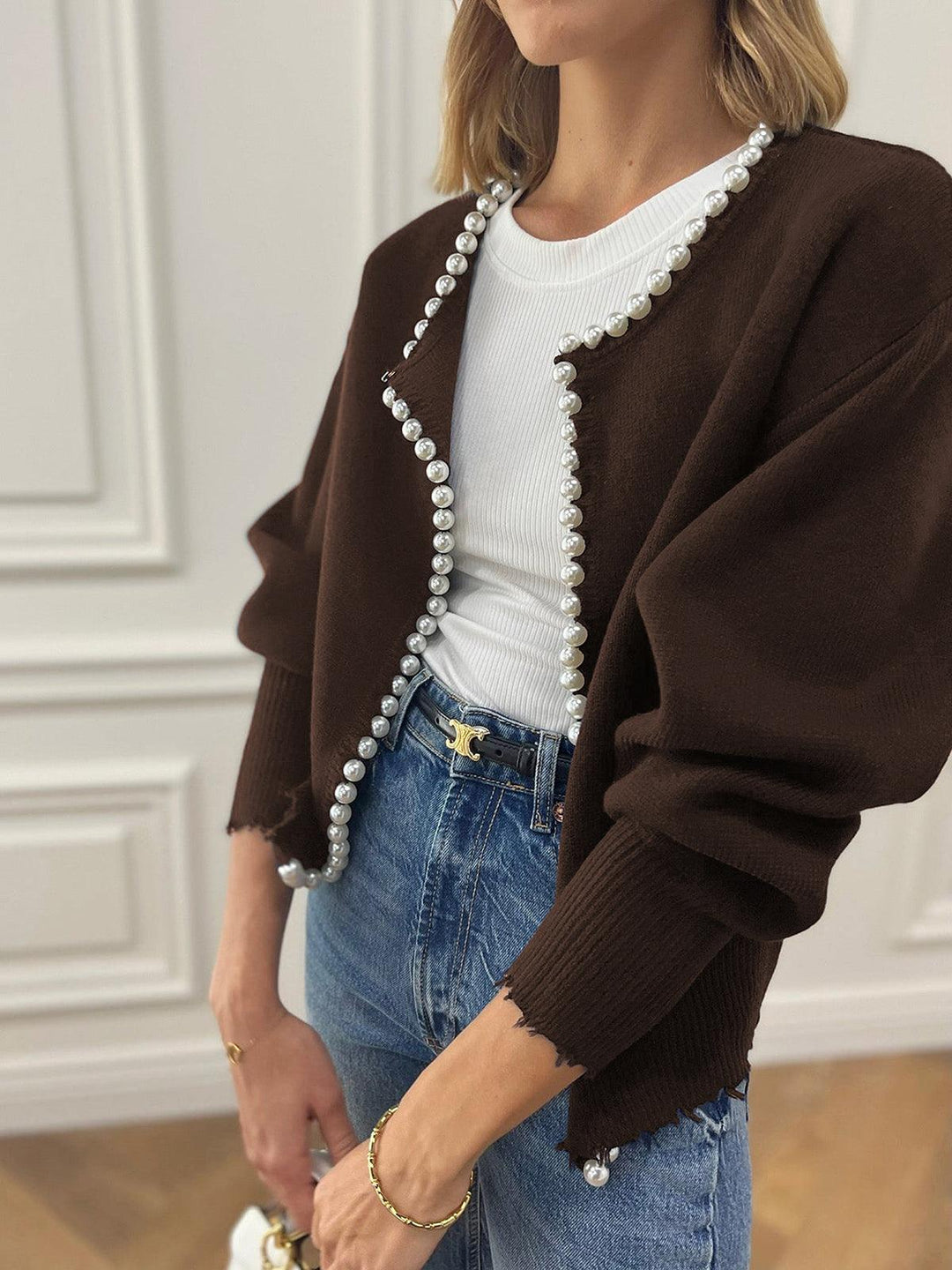 Levoire | Gilet Avec Détails Perlés Et Chemise Côtelée Pour Femmes Marron foncé